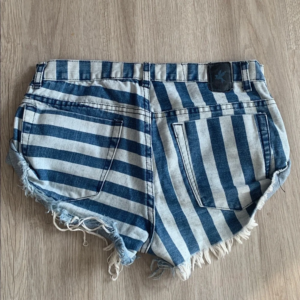 One Teaspoon Distressed Blue Striped Jean Shorts - Picture 2 of 2